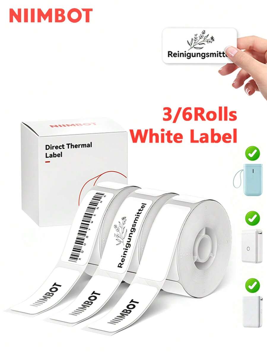 Niimbot White Label 1/3/6Rolls Adhesive Label Waterproof Anti-Oil Paper For D11/D101/D110 Mini Portable Printer For Home Office Tags Label Maker