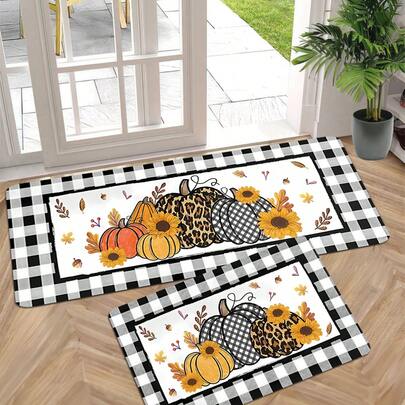 1/2 Adet Sonbahar Şükran Günü Zemin Paspasları, Çeşitli Renkli Balkabağı Desenli Klasik Siyah Beyaz Kareli Mutfak Zemin Paspasları, Banyo, Mutfak ve Çamaşır Odaları İçin Uygun, Günlük Ev Mutfak Zemin Paspasları, Yüksek Kaliteli Malzemeler, Mevsimsel Kutlama Malzemeleri, Tatil Dekorasyonu Olmazsa Olmazları