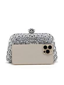 Women's Evening Clutch Bag With Crystal Stones, Suitable For Weddings, Parties, Galas, Birthday Gifts, Fits Smartphone And Cosmetics, Large Capacity - Silver - View 5