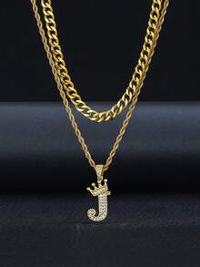 2pcs Set: Fashionable Crown & Letter Pendant Twist Rope Chain And Cuban Chain Multi-Layer Necklace, Suitable For Children Boys Girls Street Party Accessories, Daily Wear - Gold - View 3
