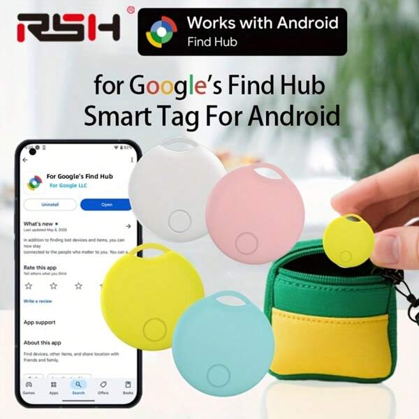 RSH Etiqueta inteligente multicolor nueva para Android, funciona con la aplicación Find Hub para Android (¡¡¡requiere sistema Android versión 9 o superior!!), rastreador antirrobo, buscador de artículos con batería reemplazable, se usa para llaves, bolsas, pasaportes, carteras, maletas, mascotas, con reloj despertador y recordatorio de objetos perdidos.