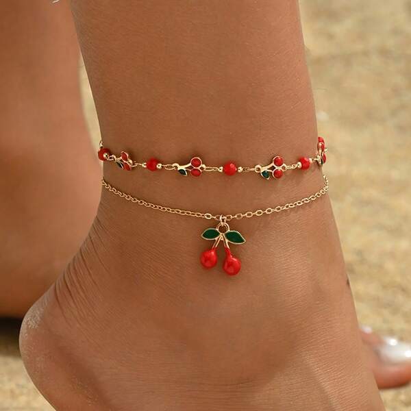2 pezzi Cavigliera donna con pendente a forma di ciliegia, semplice e alla moda, adatta per uso casual, viaggio, spiaggia, uso quotidiano, elegante e luminosa collana gioiello.