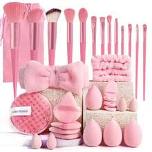 Conjunto de 13 a 33 pincéis de maquiagem, incluindo sombra, base, corretivo, blush e iluminador, com estojo para armazenamento. Ideal para cosméticos femininos e ferramentas de beleza. - Rosa - Ver 1