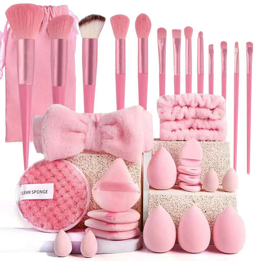 Conjunto de 13 a 33 pincéis de maquiagem, incluindo sombra, base, corretivo, blush e iluminador, com estojo para armazenamento. Ideal para cosméticos femininos e ferramentas de beleza. - Rosa - Ver 1
