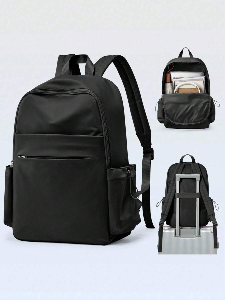 Minimalist Solid Color Backpack For College Students, Affordable Large Capacity Waterproof Commuter Laptop Bag, Versatile All-Match Style, Front Layered Zipper Pockets, Side Drawstring Water Bottle Holder, Breathable Pressure-Relieving Wide Strap, Lightweight Dirt-Resistant High-Value Casual Backpack For Middle/High School Classes, Office Commute, And Short Trips - Multicolor - View 1