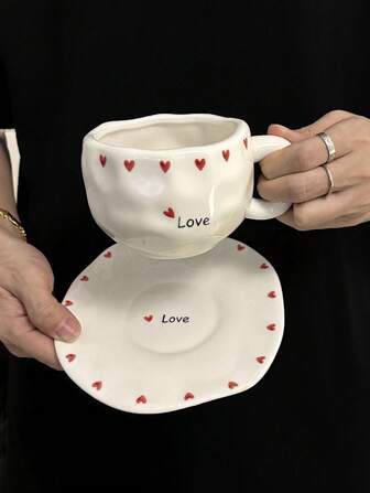 1 set Taza de café y platillo de cerámica de estilo vintage tipo Ins, hechos a mano con pintura asimétrica, plato de postre de alta gama, taza para té de la tarde en el hogar, taza para leche del desayuno, taza de regalo para familia y amigos para volver al colegio