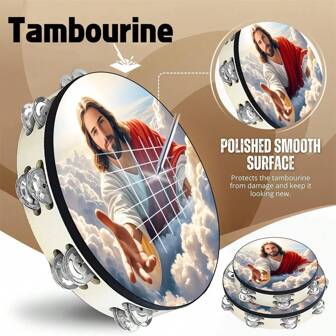 Tambourin à main Jésus de 8/10 pouces, tambourin à grelots sur deux rangs pour adultes, cloche à main tambourin pour instrument de musique de fête