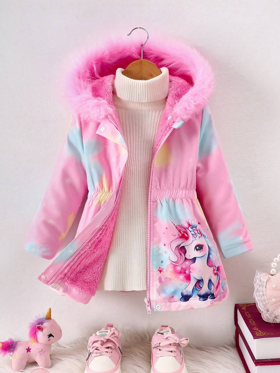 Young Girls Cartoon Unicorn Print Faux Fur Collar Thick Hooded Mid ...