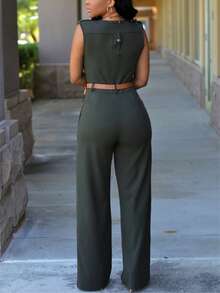 女式高腰 V 领阔腿连体裤套装（配腰带）、不对称设计 - 軍綠色 - 查看 3