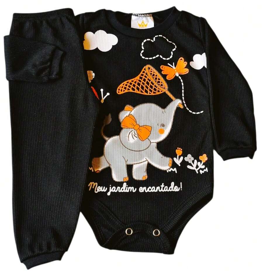 Baby Girl/Girl Long Bodysuit Set With Ribbed Pants For Sizes RN To GG - 巧克力棕 - 查看 1
