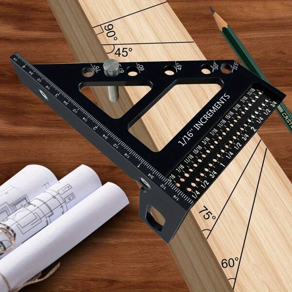 Premium Aluminum Miter Triangle Ruler - 3D Multi-Angle Woodworking Square Protractor - Enhanced Hole Scriber - High Accuracy