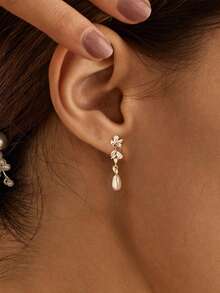 Women's Pearl Earrings, Elegant Women's Gold Earrings, 14K Gold/Silver Plated Cubic Zirconia Pendant Earrings, Clip-On Pendant Pearl Simple Everyday Jewelry Gift 14k Gold Plated CZ Pearl Bridal Earrings, Low Allergy Gold Plated Earrings, Elegant Wedding Bride Pearl Jewelry For Women - Draped - View 4