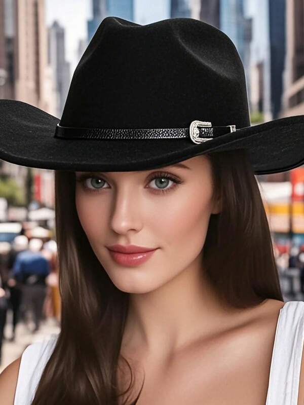 1 Pc Unisex Western Cowboy Hat, Wide Brim Woollen Curled Brim Cap, Solid Color Knight Fedora Hat, For Everyday Wear