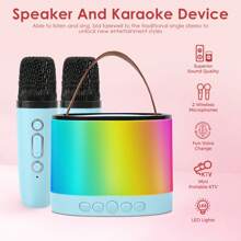 EIGIIS Mini chaîne stéréo de bureau avec microphones sans fil, 5 effets lumineux à LED, enceinte karaoké Bluetooth, microphone portable Bluetooth avec changeur de voix, mini machine à karaoké, cadeau parfait pour l'anniversaire et la famille