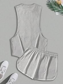 1 Set Men's Sports Casual Tank Top Outfit, Solid Color Summer Sleeveless Tank Top And Super Short Hot Pants, Suitable For Street Fashion - Grey - View 5