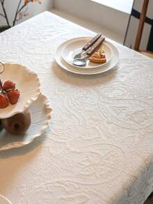 1 pieza Mantel unicolor de lujo francés minimalista, cubierta de mesa de comedor con estampado floral jacquard blanco, adecuado para fiestas, bodas, decoración del hogar y la habitación - Blanco - Ver 3