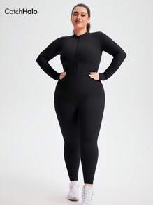 Catch Halo Zip Up 4-Way Stretch Plus Size Bodysuit For Women - Crew Neck & Long Sleeve Jumpsuit With Side Pockets | Tummy Control & Butt Lifting Body Slimming Workout Romper | Breathable Squat Proof Workout Set For Gym, Yoga, Pilate, Running, Cycling (Black, 0XL~2XL)
