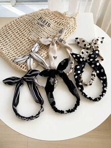 1 件优雅兔耳头带，黑白波尔卡圆点蝴蝶结设计，高品质缎面时尚头饰，百搭女士发饰配饰，蝴蝶结配饰，学校用品，学院风，头带秋季配饰