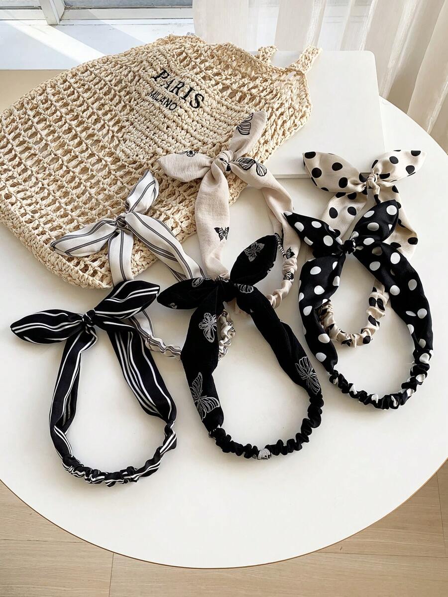 1 件优雅兔耳头带，黑白波尔卡圆点蝴蝶结设计，高品质缎面时尚头饰，百搭女士发饰配饰，蝴蝶结配饰，学校用品，学院风，头带秋季配饰