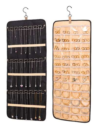1pc Large Capacity Jewelry Storage Bag - Double-Sided Wardrobe Hanging Organizer With Earring/Necklace/Ring Hooks | Dust-Proof Premium Polyester Door Hanging Storage Box (Black, Creative Valentine's Day Gift). Closet Pocket Design, Wall-Mounted, Door-Hanging, Large/Small Size, Black, Suitable For Women, Ideal For Summer Travel, Back To School, Halloween Gift