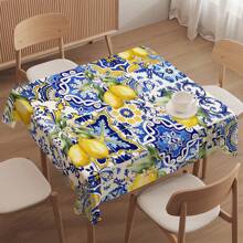 1 pieza Mantel de poliéster con patrón de azulejos cerámicos de limón vibrante y azul - Excelente para fiestas de verano, cumpleaños, decoración del hogar, dormitorio, decoración de cocina con limones
