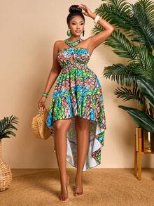 BIUBIU Women's Colorful Sexy Deep V-Neck Sleeveless Criss-Cross Backless Tie Waist High-Low Hem Dress, Bohemian Style For Summer Vacation, Random Pattern - Teal - View 3