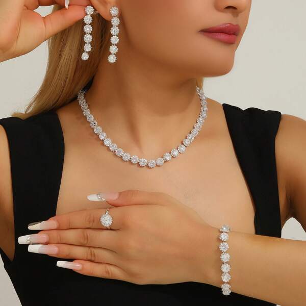 Set de 5 piezas de joyería nupcial de plata con strass, accesorios de vestido de novia, joyería de strass brillante para eventos y fiestas