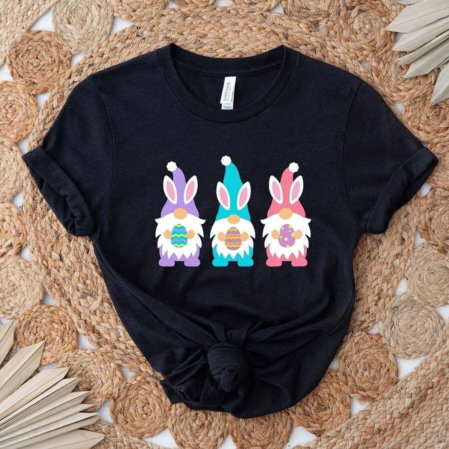 Easter Gnomes Shirt, Three Gnomes Shirt, Kids Easter T-Shirt, Cute Gnomes, Girl Easter T-Shirt, Funny Gnomes T-Shirt, Gnome Lover, - 黑色5 - 查看 1