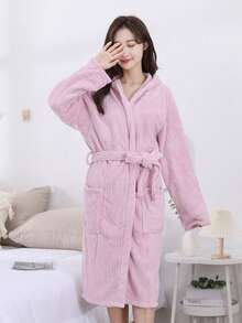 1pc Coral Fleece 3D Striped Hooded Bathrobe, Loungewear, Spa, Sauna, Swimming, Gift - Pink - View 8