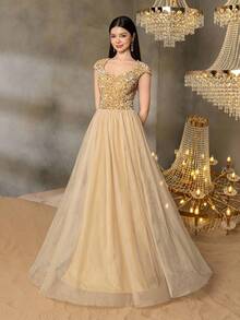 Váy dạ hội thanh lịch dành cho bé gái tuổi teen Alisa&Leo - Tay lửng có thân áo đính sequin, chân váy xếp nếp bằng vải tuyn cho tiệc tốt nghiệp, trang phục dự tiệc cưới, dạ hội và sự kiện trang trọng cao cấp - Rượu sâm banh - Xem 7