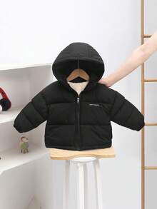 秋冬新款黑色男婴保暖连帽夹克，保暖衬里加厚派克大衣，卡通印花风衣外套