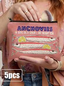 Retro Sardines Cosmetic Pouch,Olive Oil And Lemon Design, Unisex Adult Polyester Mini Makeup Bag, Hypoallergenic Zippered Toiletry Case, Pink Zippered Cosmetic Bag, Multifunctional Snack, Stationery Or Gift, Tin Fish Print Accessory Clutch, Cosmetic Pouch For Girls Women, Makeup Bag, Toiletry Bag For Travel, School, And Commuting,Unisex Adult Portable Storage Bag