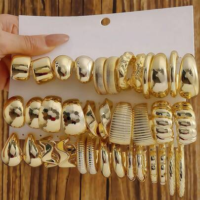 5件/6件/7件/18件套装 新款ABS树脂和CCB镀金夸张C形水滴耳环套装