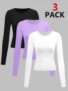 3 Pack Womens Crop Workout Tops Women Pack Summer Gym Athletic Compression Undershirts Cute Tight Basic Tops Tee - Light Purple+Black+White - View 2