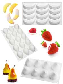 Molde de silicona con forma de fruta 3D, reutilizable para hornear postres, gelatina, helado y talla grande. Incluye formas como plátano, fresa, pera, limón, mango, frambuesa, naranja, melocotón, coco, cacao, manzana, cereza. Adecuado para Navidad, San Valentín, bodas y otras festividades