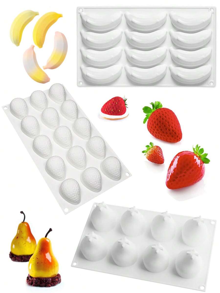 Molde de silicona con forma de fruta 3D, reutilizable para hornear postres, gelatina, helado y talla grande. Incluye formas como plátano, fresa, pera, limón, mango, frambuesa, naranja, melocotón, coco, cacao, manzana, cereza. Adecuado para Navidad, San Valentín, bodas y otras festividades
