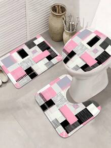 1/4pcs Pink Square Pattern Shower Curtain Set, 70.87x70.87inch Shower Curtain With Floor Mat, U-Shaped Mat, Toilet Seat Mat, With 12 Hooks Bathroom Decor