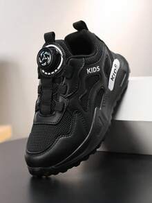 Kids' Black Athletic Chunky Sneakers, Personalized Simple Running Shoes, Rotary Buckle Mesh Breathable Casual Sports Shoes, Easy On/Off Boys Girls Student Shoes - Black - View 4