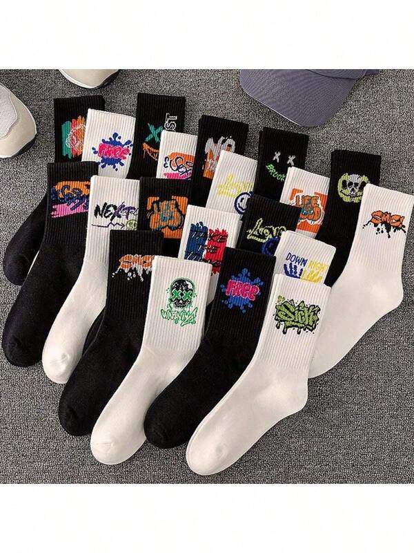 5/10 Pairs Of Halloween Pumpkin Patterned Oversized Long Socks, Sports Socks, Student Basketball Socks, Black And White Men's Medium Long Socks [Random Pattern]