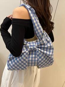 Women's Checkered Bow Decoration Shoulder Underarm Bag, Sweet And Cool Outdoor Vacation Travel Bag, Multifunctional Daily Commuting Shopping Shoulder Bag, Casual Cell Phone Coin Storage Bag, Cute Bow Bag For Women , Bow