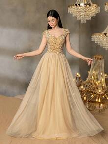 Váy dạ hội thanh lịch dành cho bé gái tuổi teen Alisa&Leo - Tay lửng có thân áo đính sequin, chân váy xếp nếp bằng vải tuyn cho tiệc tốt nghiệp, trang phục dự tiệc cưới, dạ hội và sự kiện trang trọng cao cấp - Rượu sâm banh - Xem 4