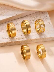 5入組時尚不鏽鋼戒指，簡約黑色羅馬數字戒指，中空旋轉戒指，男士酷炫嘻哈戒指配件