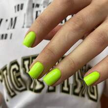 MNeon Green Pr On Nails Short Square Natural Gel Nails Glue On Acrylic Nails Pr Ons Featured Protective Coat Thick Reusable Fake Nails Solid Color 24 Short Coffin Artificial Nails8001 - 光澤霓虹綠色 - 查看 2