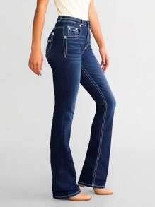 Women's Dark Blue High Waist Flare Jeans, Made Of Durable Premium Denim With Elastic Recovery, Featuring Double - Button Front, Contrast Stitching Detailing, And Intricate Steer Skull Embroidered Back Pockets For A Retro Western Vibe