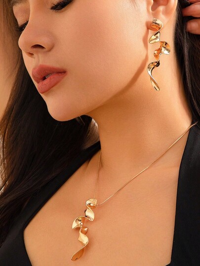 1 Set de collar y aretes de diseño geométrico retorcido minimalista, decoración de metal en espiral, joyería personalizada y única para mujeres