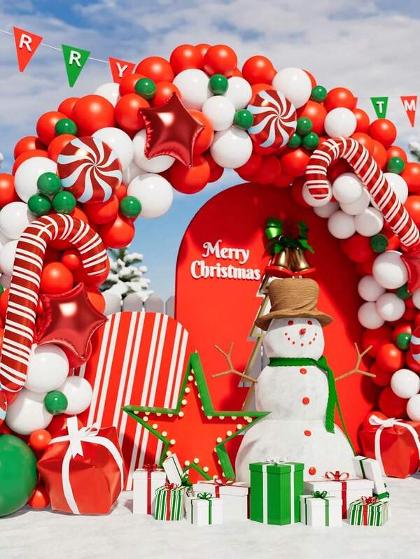 130pcs Christmas Balloon Garland Arch Set, With Christmas Green, Red, White Candy Balloons, Gift Box Balloons, Red Star Balloons, Suitable For Christmas Party
