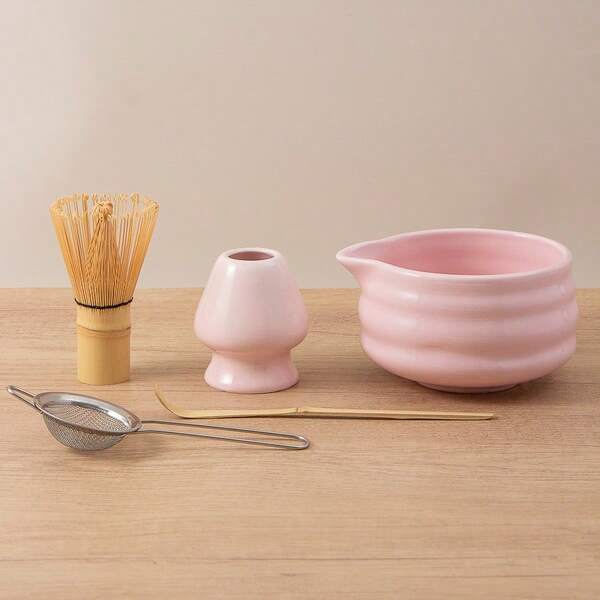 5pcs Set Japanese Matcha Bowl Set, Includes Matcha Whisk Holder, Bamboo Matcha Whisk, Ceramic Bowl With Pour Spout, Matcha Sifter Spoon, Matcha Gift Set For Tea Lovers (Available In Pink, Yellow, White) - Traditional Matcha Tea Set, Tea Ceremony Gift