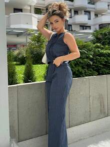 Jeta Ari Women's Summer Striped Spaghetti Strap Top & Pants Casual 2 Pieces Set - Navy Blue - View 4