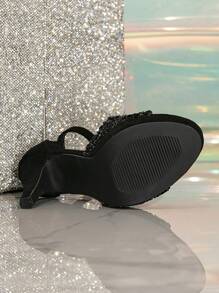 Women's New Fashion Buckle Design Round Toe Slim High Heel Sandals, Elegant Suede One-Strap High Heels In Black