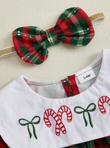 Baby Girls Christmas Plaid Romper Cute Santa Claus Embroidery Long Sleeve Doll Collar Jumpsuit With Bow Headband